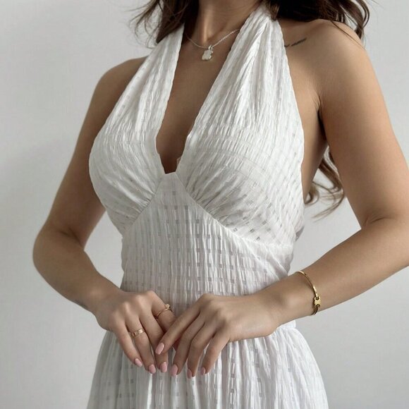 White Sexy Women's Romantic Date Halter Neck Plaid Dress - Picture 5 of 5